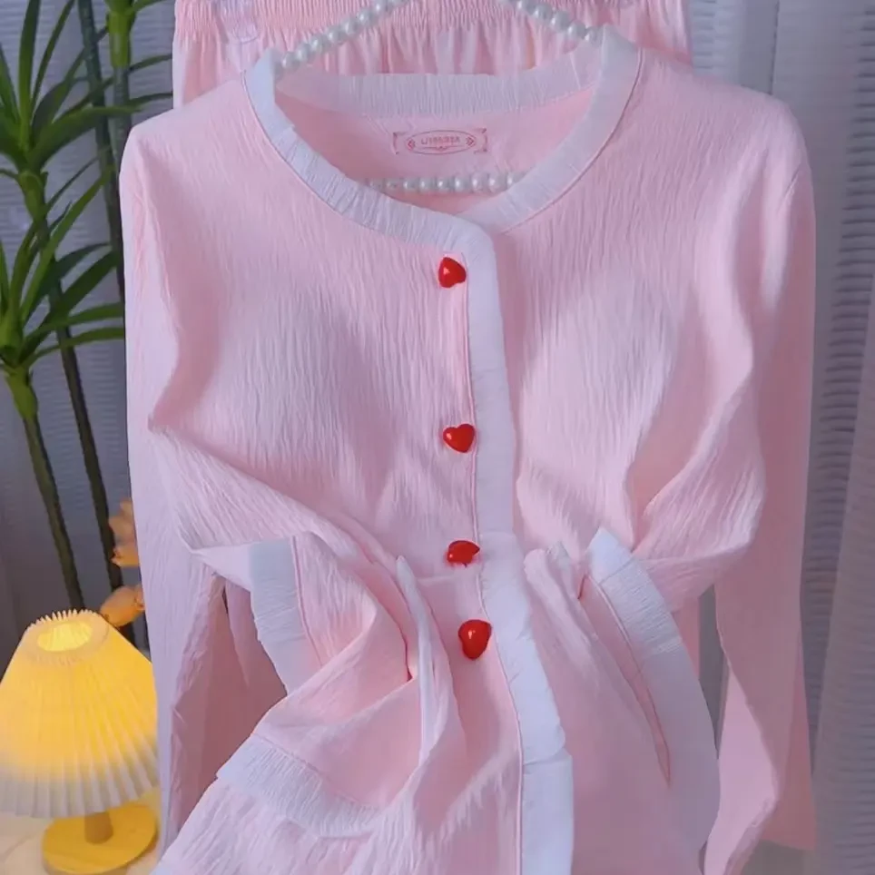 春秋季软绵绵女爱心纽扣甜美舒适居家服薄款云朵棉小香风开衫睡衣