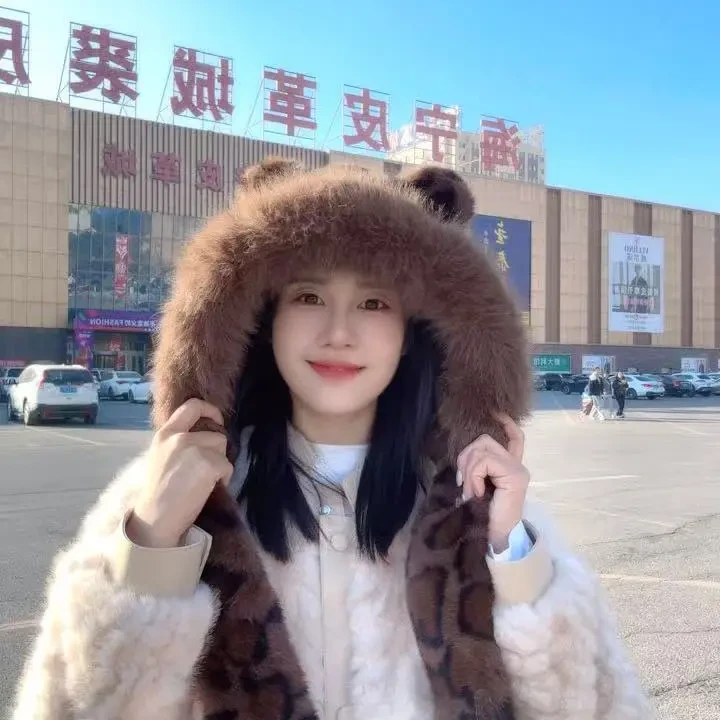 【豹纹围巾帽】帽子女士秋冬季毛绒护耳保暖防寒可爱显脸小百搭加厚