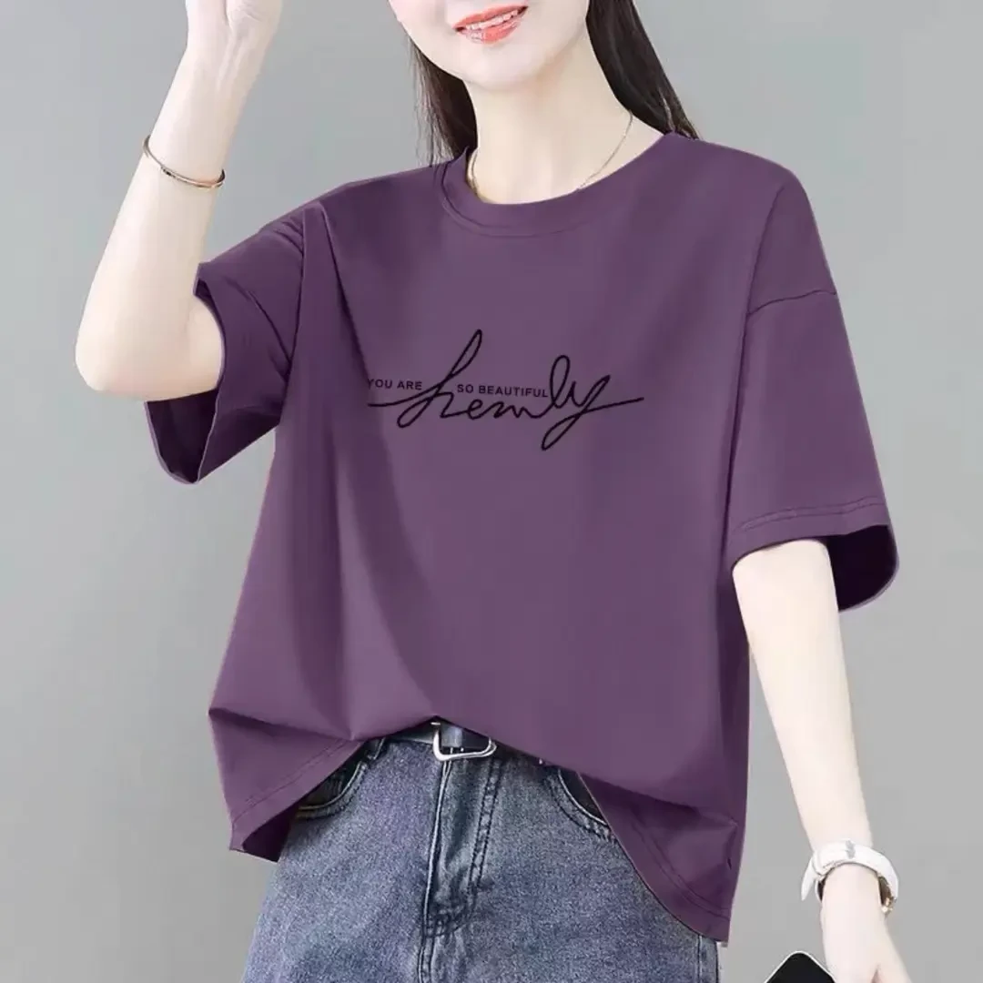【米林鸟】短袖常规款T恤女t恤短袖遮肚子印花休闲半袖ins短款圆领