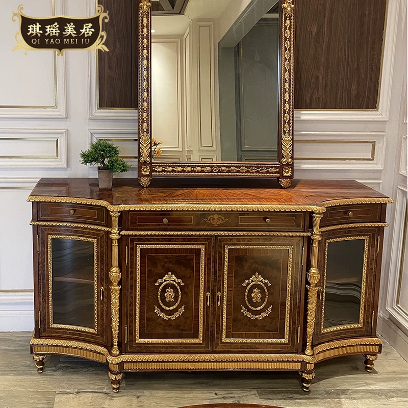 法式奢华实木雕花餐边柜美式别墅古典木皮贝壳拼花茶水柜储物柜