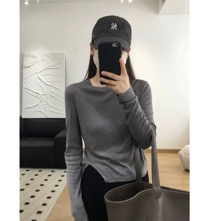 灰色开叉套短款T恤春秋冬女装新款圆领长袖时尚收腰显瘦洋气上衣