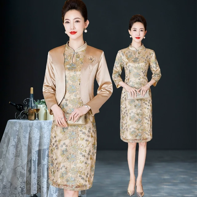 20232025秋中年时尚旗袍套装裙香槟色新中式婚礼妈妈礼服两件套连