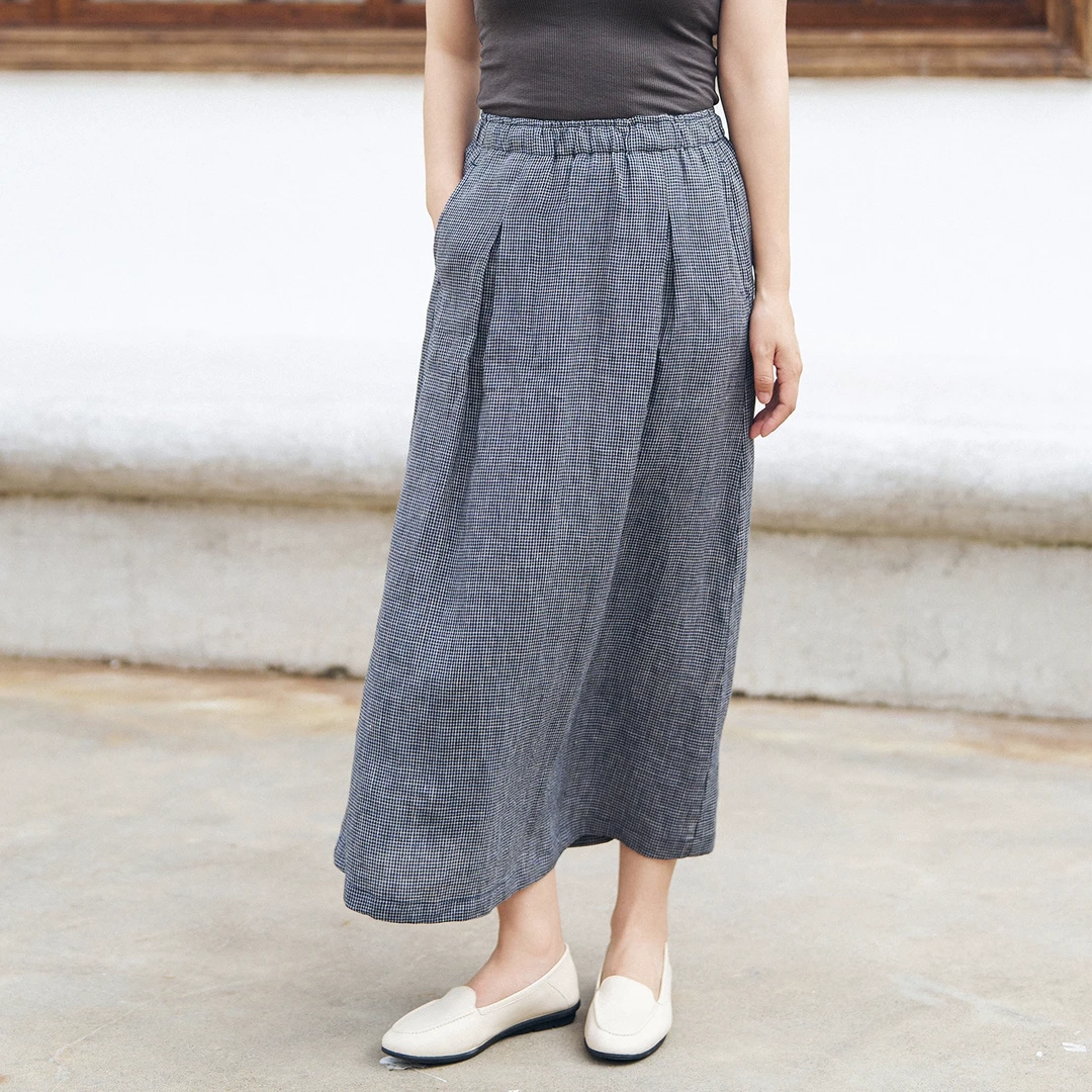 梭家｜悠然｜文艺复古14支亚麻千鸟格半身裙初秋女宽松中长裙显瘦