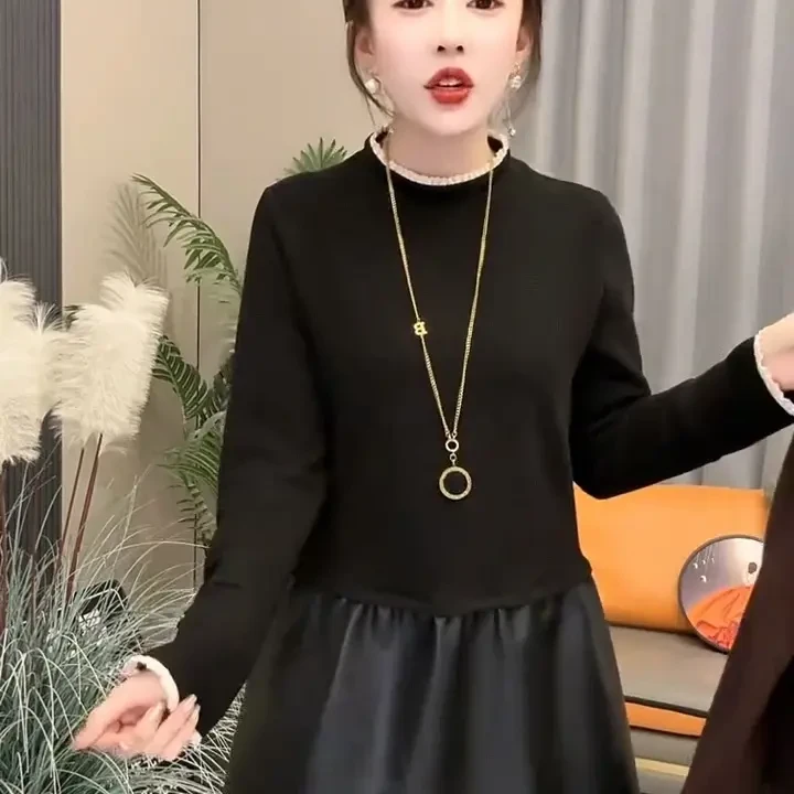 秋冬新款拼皮U压褶花边假两件长袖韩版气质显瘦中长款连衣裙洋气