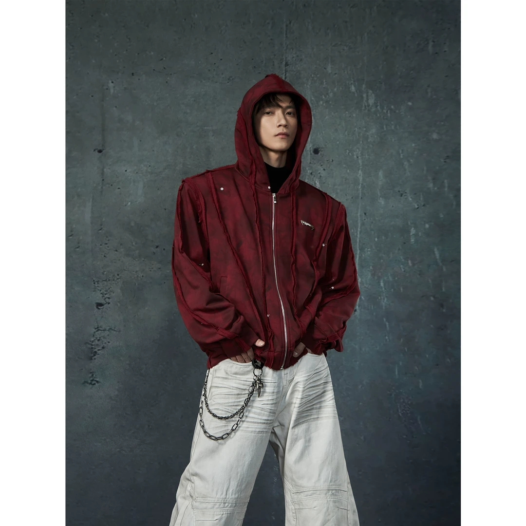 无人孤岛 原创小众解构层次线条做旧洗水连帽卫衣手绘宽松外套潮