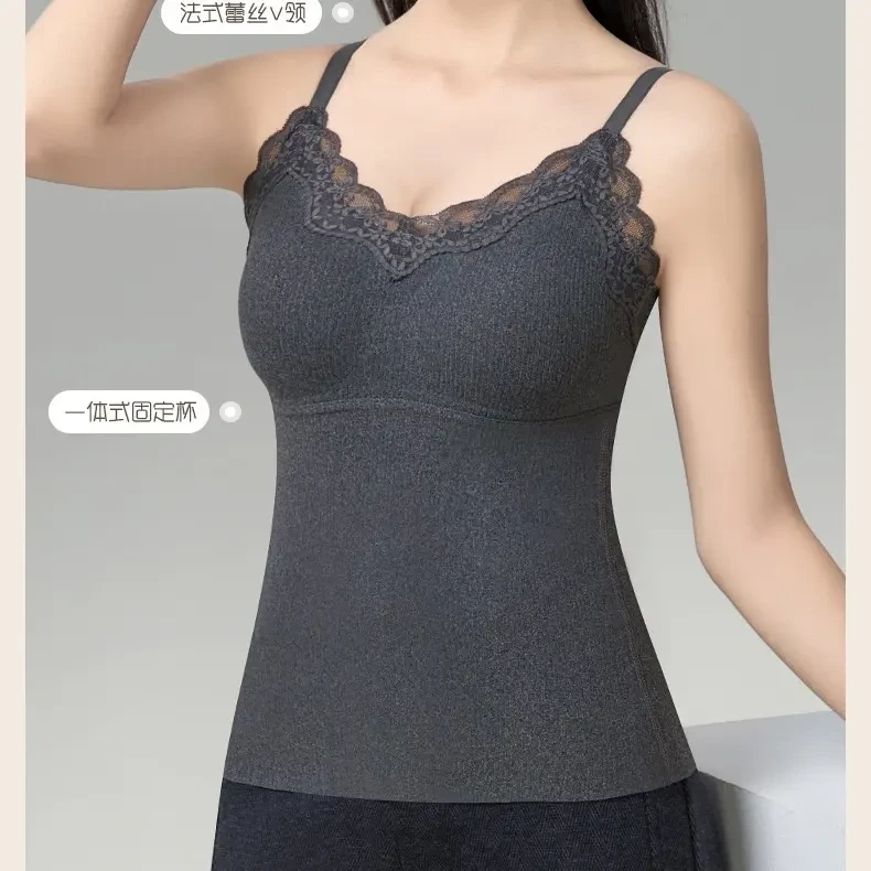 新品秋冬羊绒蚕丝V领蕾丝内衣保暖二合一吊带百搭背心一体杯大码