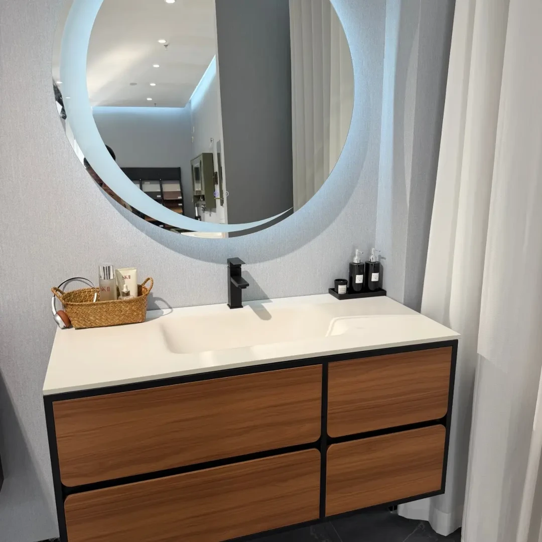 风风胡桃木免漆实木浴室柜组合岩板无缝一体盆卫生间洗漱台