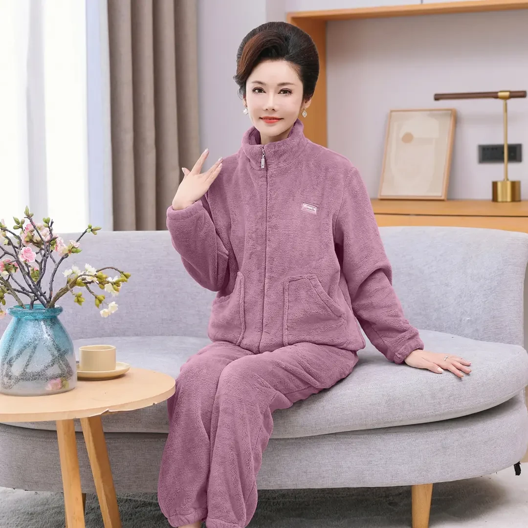 秋冬季新款中年妈妈珊瑚绒舒适加厚法兰绒可外穿拉链保暖家居服