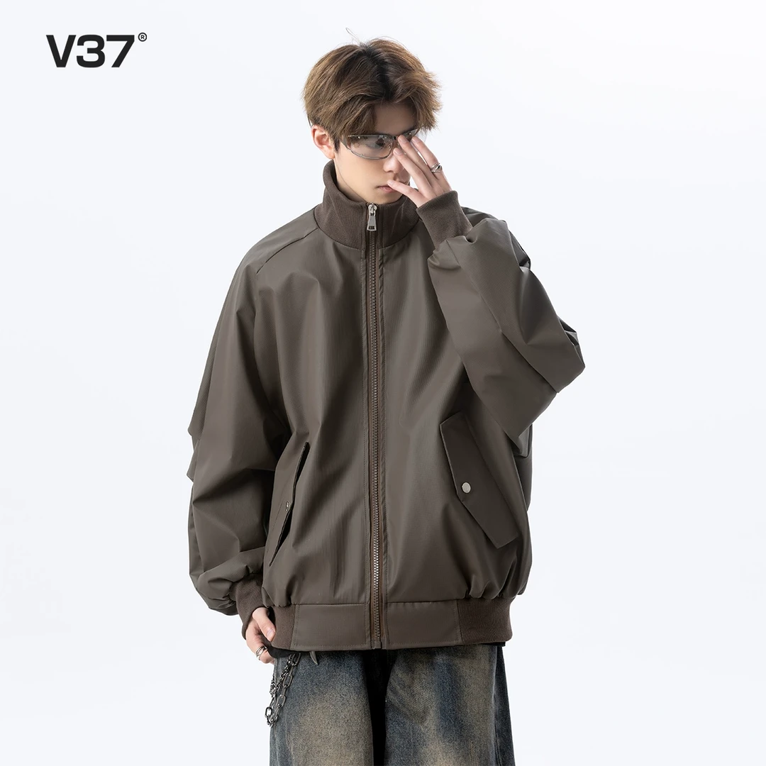 V37咖色美式cleanfit休闲夹克男2025春秋季青少年高级感皮衣外套