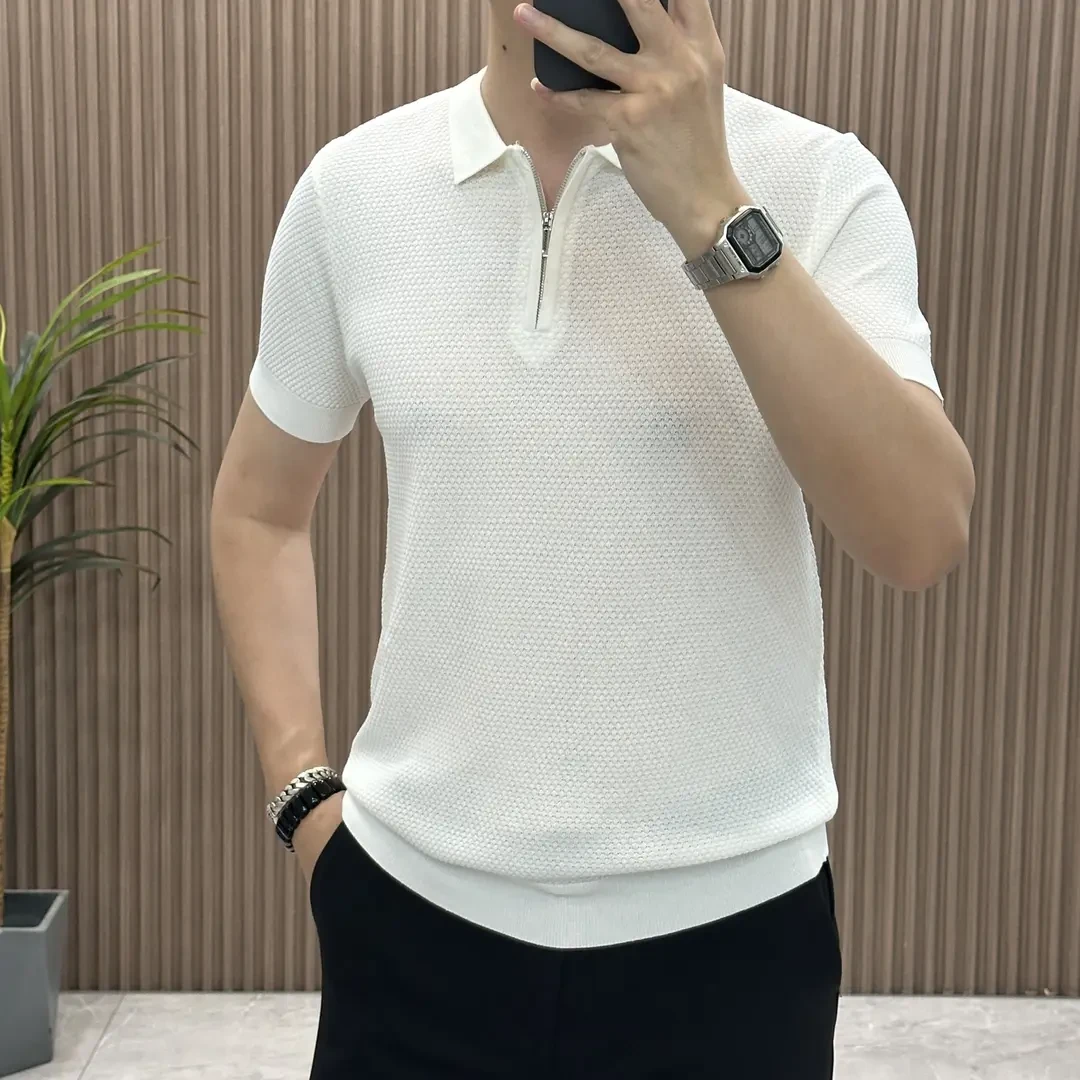 2025新款纯色大码拉链POLO衫针织透气大码男士简约风休闲短袖T恤