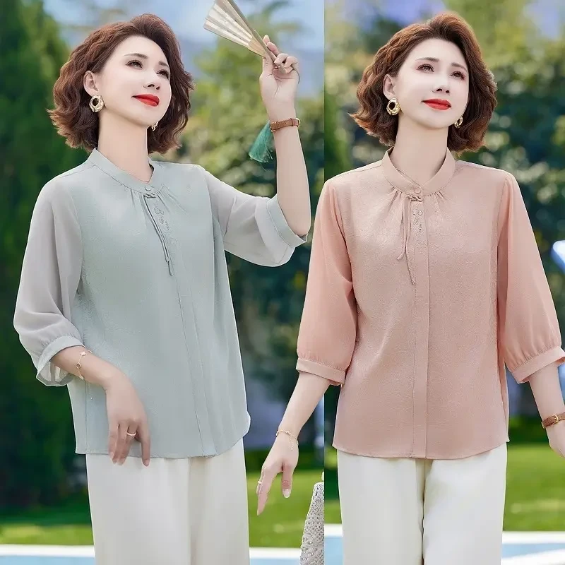 时尚中年女装春装中袖新中式T恤上衣中老年妈妈夏季洋气国风小衫