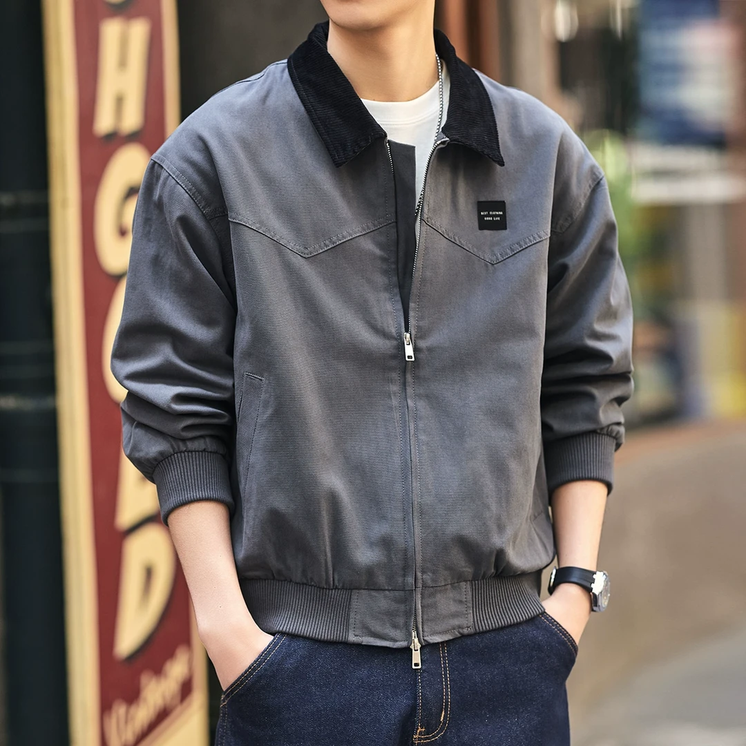 格蓝鹿高端美式复古男士工装夹克春季新款宽松底特律牛仔猎装外套
