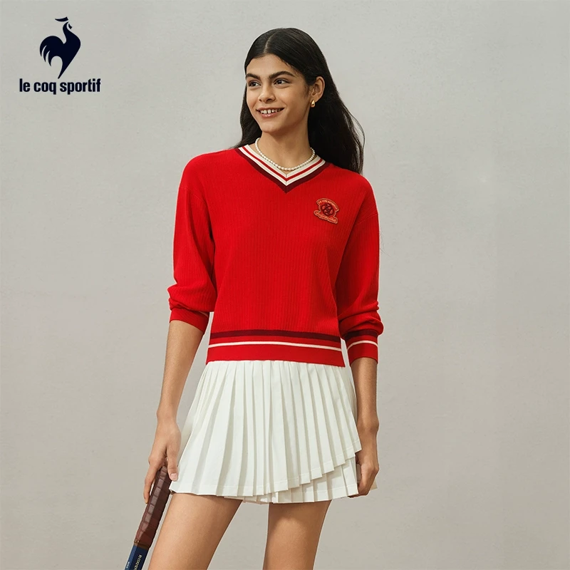 乐卡克法国公鸡女子运动V领毛衣25春套头长袖红色L251WCNRKT01