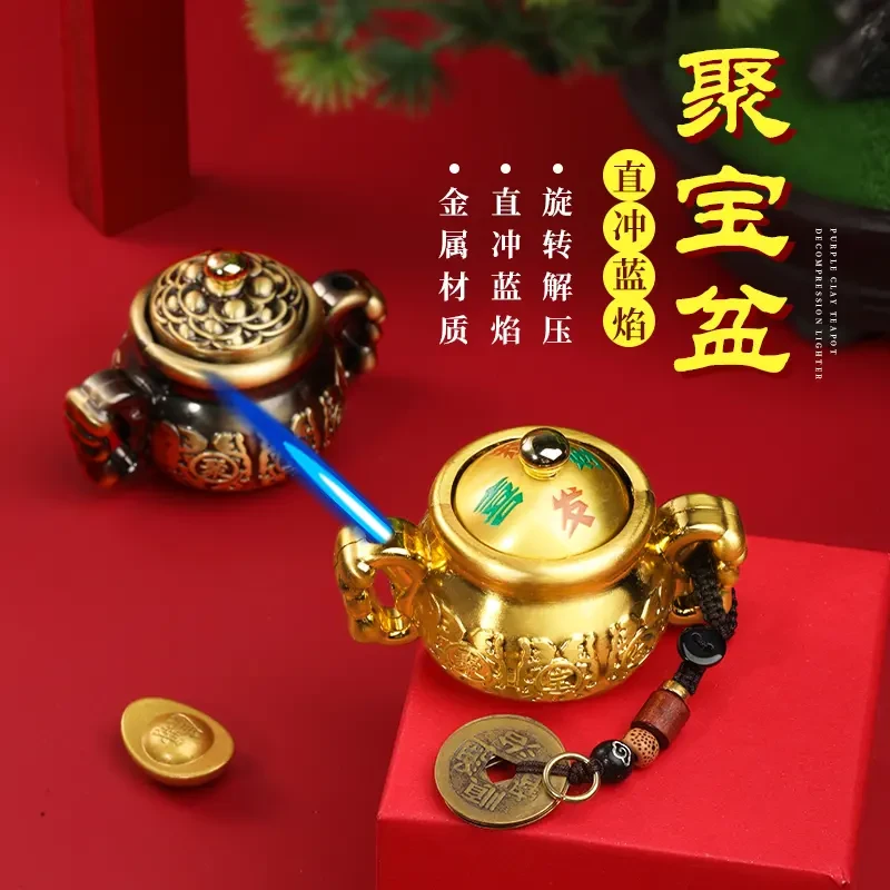 【旋转“聚宝盆”】创意打火机新款国潮金属茶壶防风男士小巧精美摆件