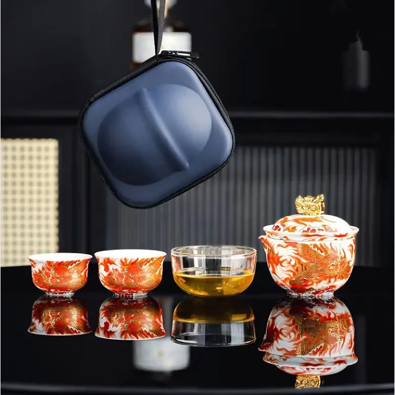 羊脂玉车载旅行陶瓷手抓壶腾龙盛世快客杯玻璃茶海三杯户外H35