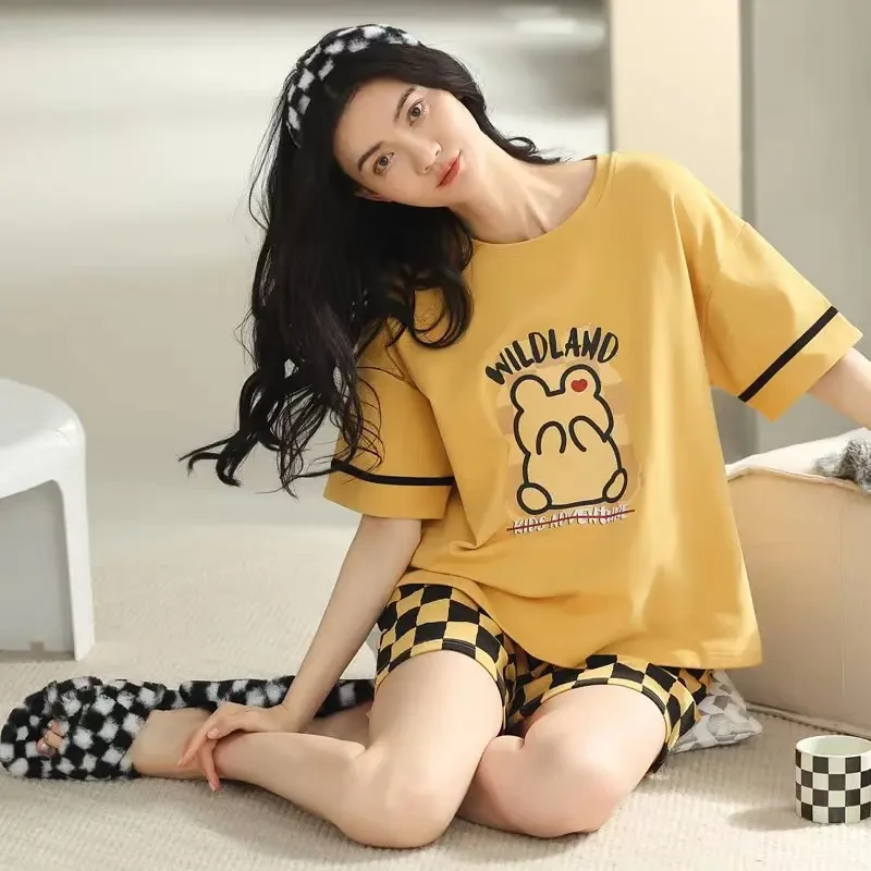 新款夏季纯棉女士短袖睡衣休闲格子裤韩版甜美家居服套装可外穿Y