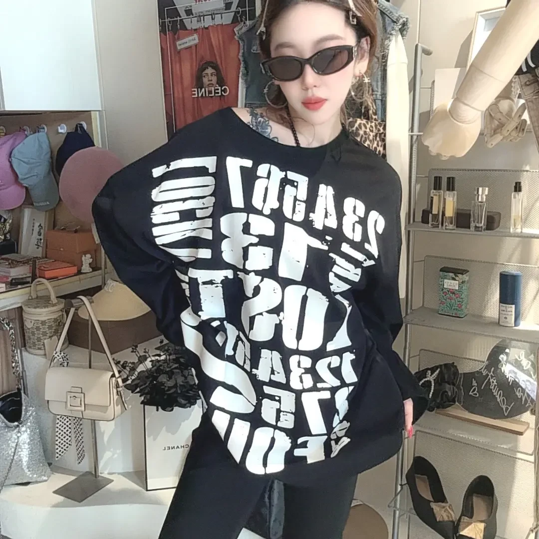 秋季新款设计感字母黑色潮酷感大T