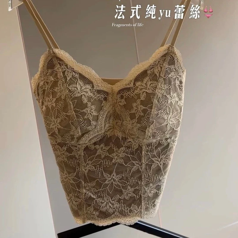 废土风法式纯欲风透肤感蕾丝背心显瘦带胸垫吊带美背时尚洋气内搭