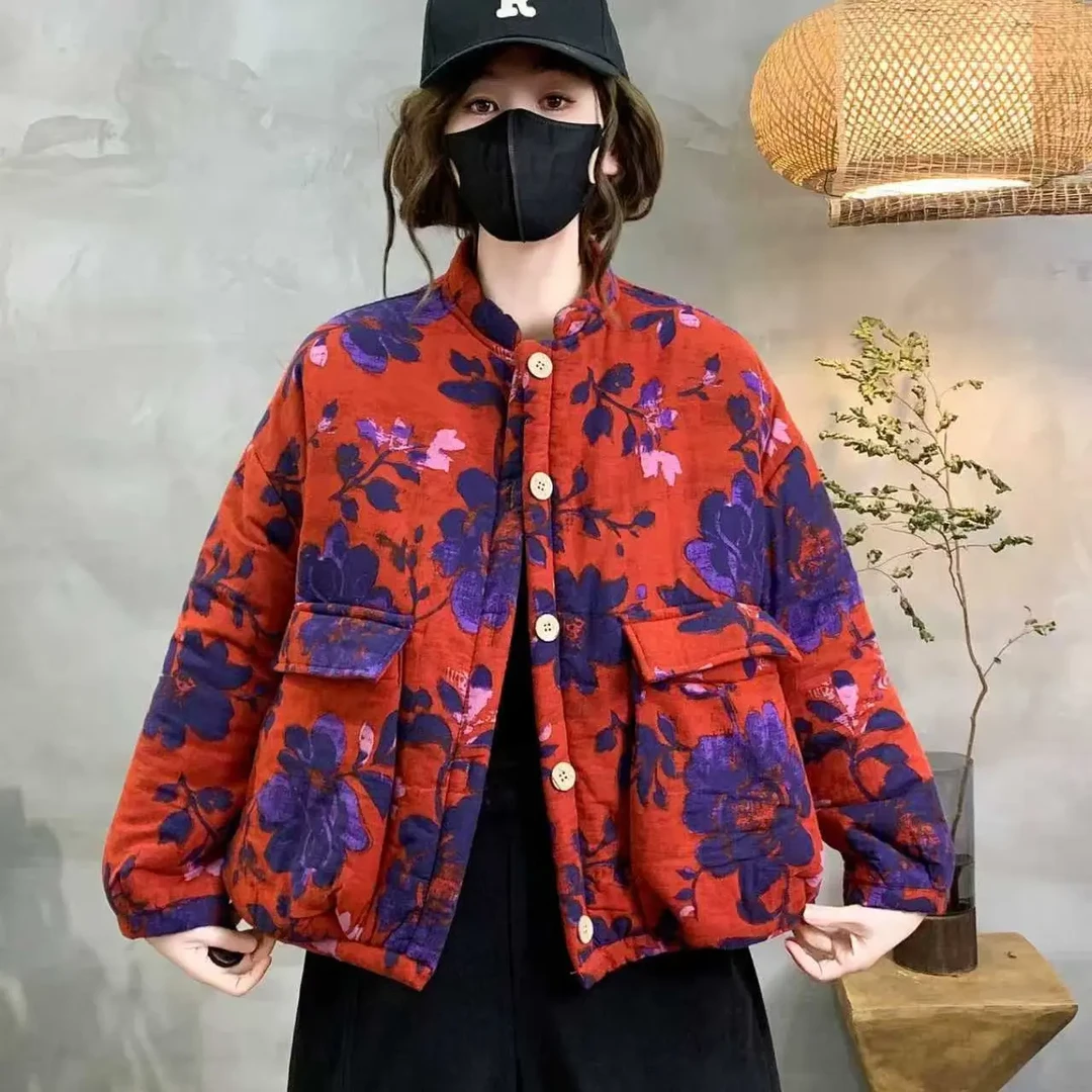 冬季新款民族风印花立领加绒加厚宽松短款棉衣棉服外套