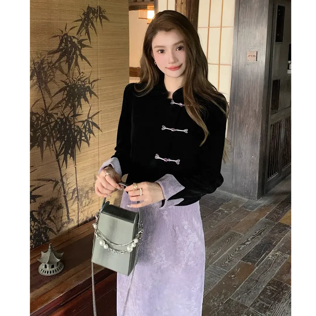 新中式旗袍套装女2025冬富家千金国风排扣上衣加紫色半身裙两件套
