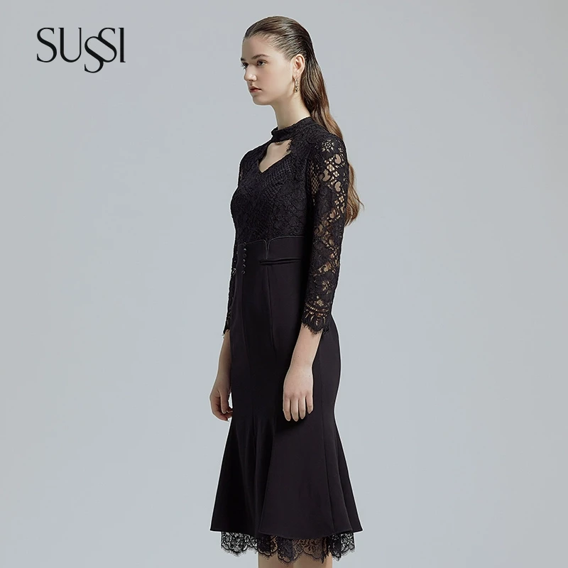 SUSSI/古色24春夏商场同款黑色蕾丝气质修身长袖连衣裙 女