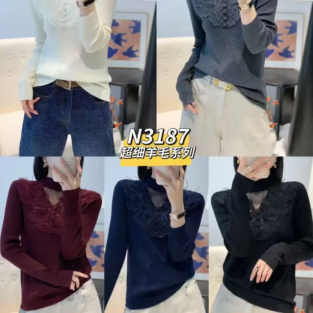 秋冬女士蕾丝拼接半高领显瘦气质长袖针织内搭上衣