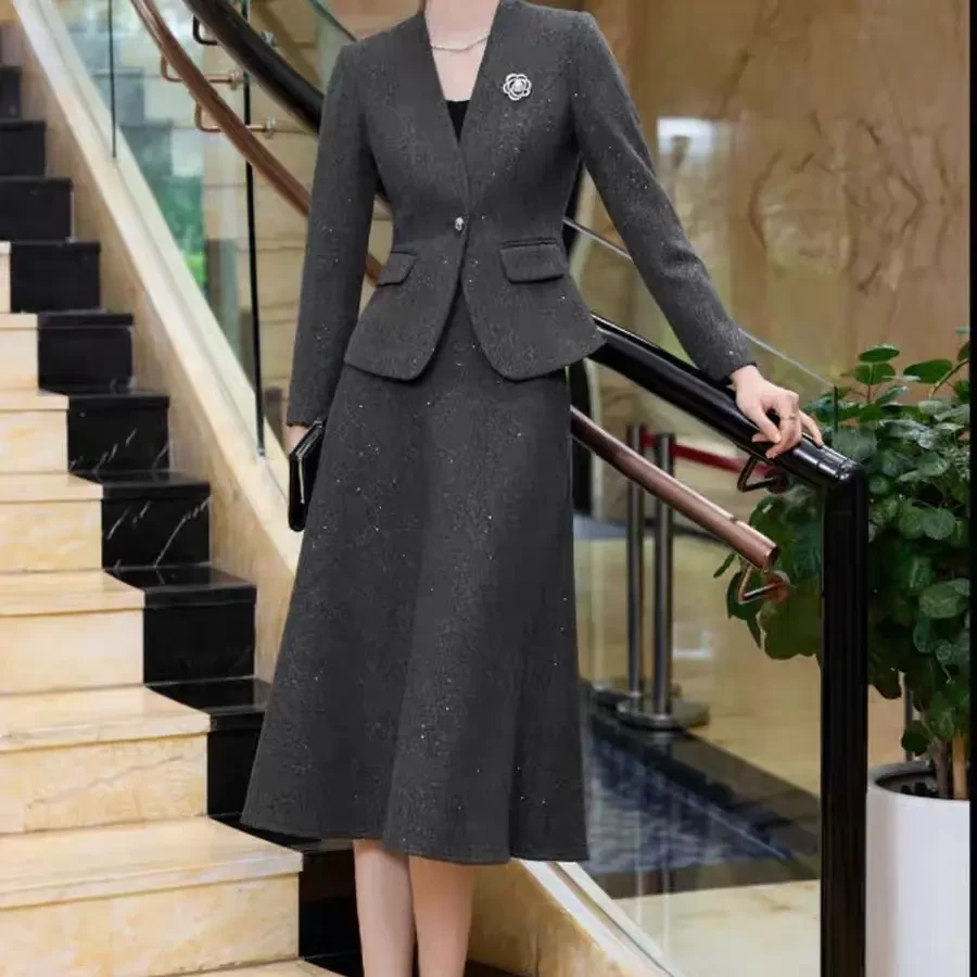 女秋季时尚灰无领西服裙套装轻奢高级感OL风女装