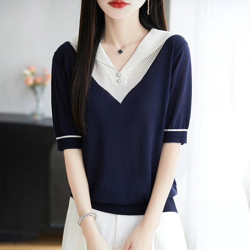 品牌2025新款V领撞色假两件T恤女夏季薄款时尚短袖拼色毛针织衫
