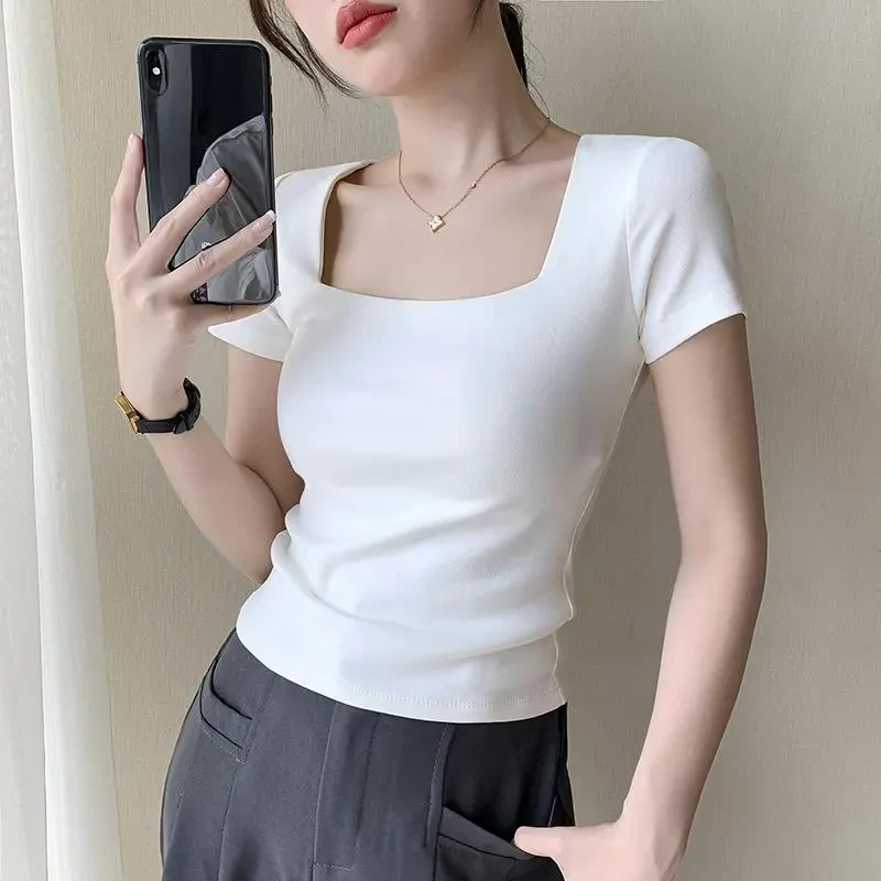 新款纯色方领t恤女短袖2025年春夏大领口修身正肩低领打底衫上衣