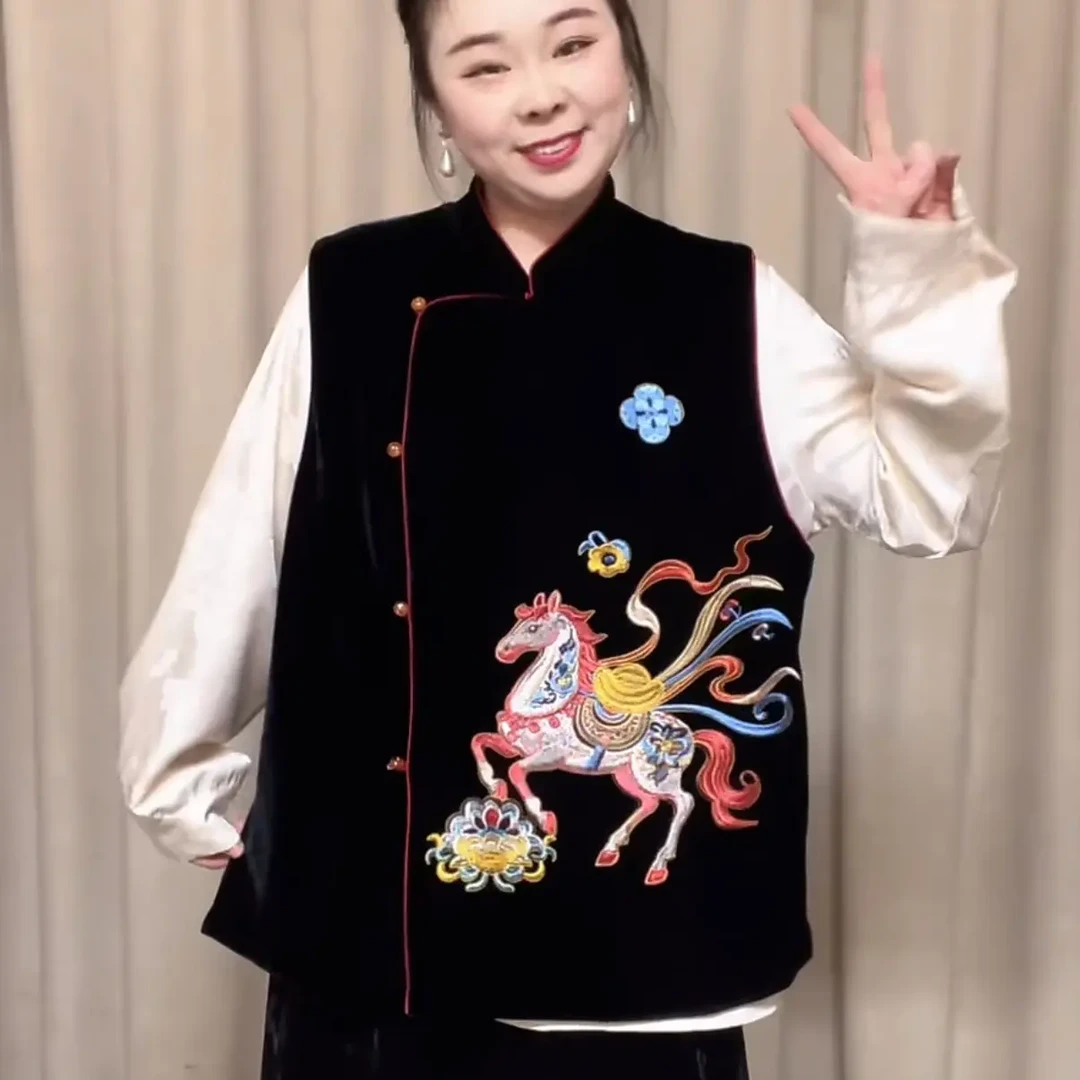 （美婷）大码搭配新中式国风加厚丝绒双面穿女士休闲保暖无袖马甲