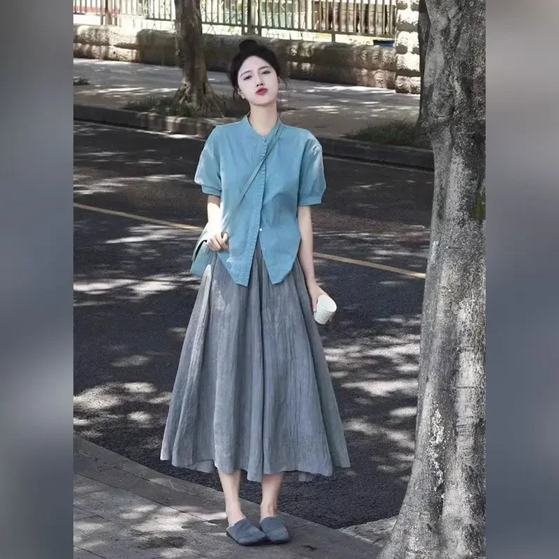 今年流行的漂亮套装2025夏季清冷感短袖衬衫半身裙微胖mm两件套女