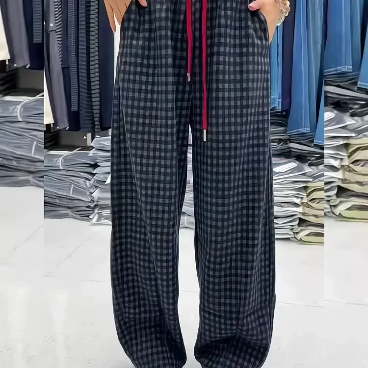 秋冬加厚格纹高腰宽松显瘦直筒阔格子裤