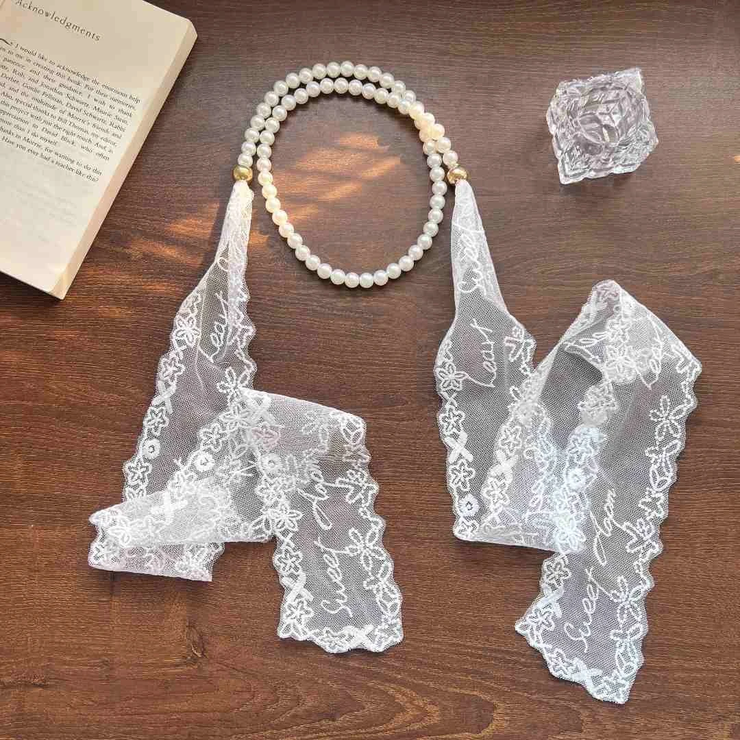 夏日氛围感~白色珍珠蕾丝飘带丝巾女多功能时尚绑发发带腰带Z018