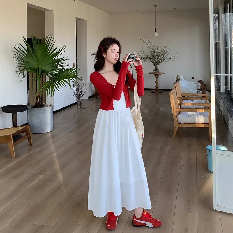 新款套装气质宽松开衫连衣裙女装中长款法式春秋复古长袖两件套裙