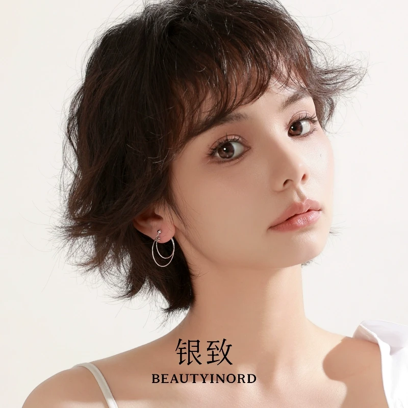 925银耳饰 双环耳钉女个性时尚圆圈设计感耳环适合方圆脸日常通勤