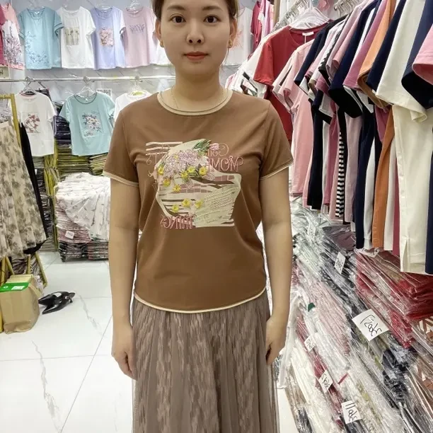 刺绣常规短袖圆领有弹力吸汗T恤重工高品质打底衫女士气质休闲