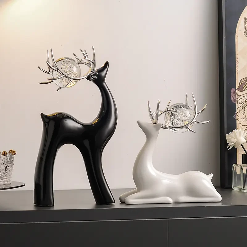 创意水晶球陶瓷鹿摆件轻奢客厅电视柜酒柜家居装饰品玄关高档摆设