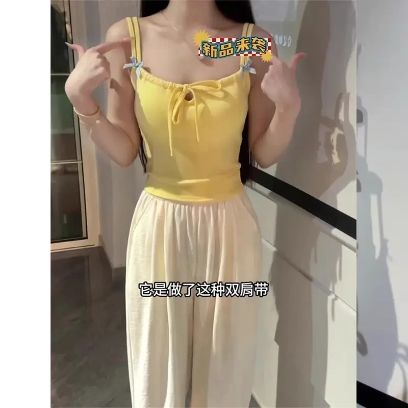 多巴胺黄色温柔绝美蝴蝶结带胸垫吊带背心女夏季新款内搭外穿美背