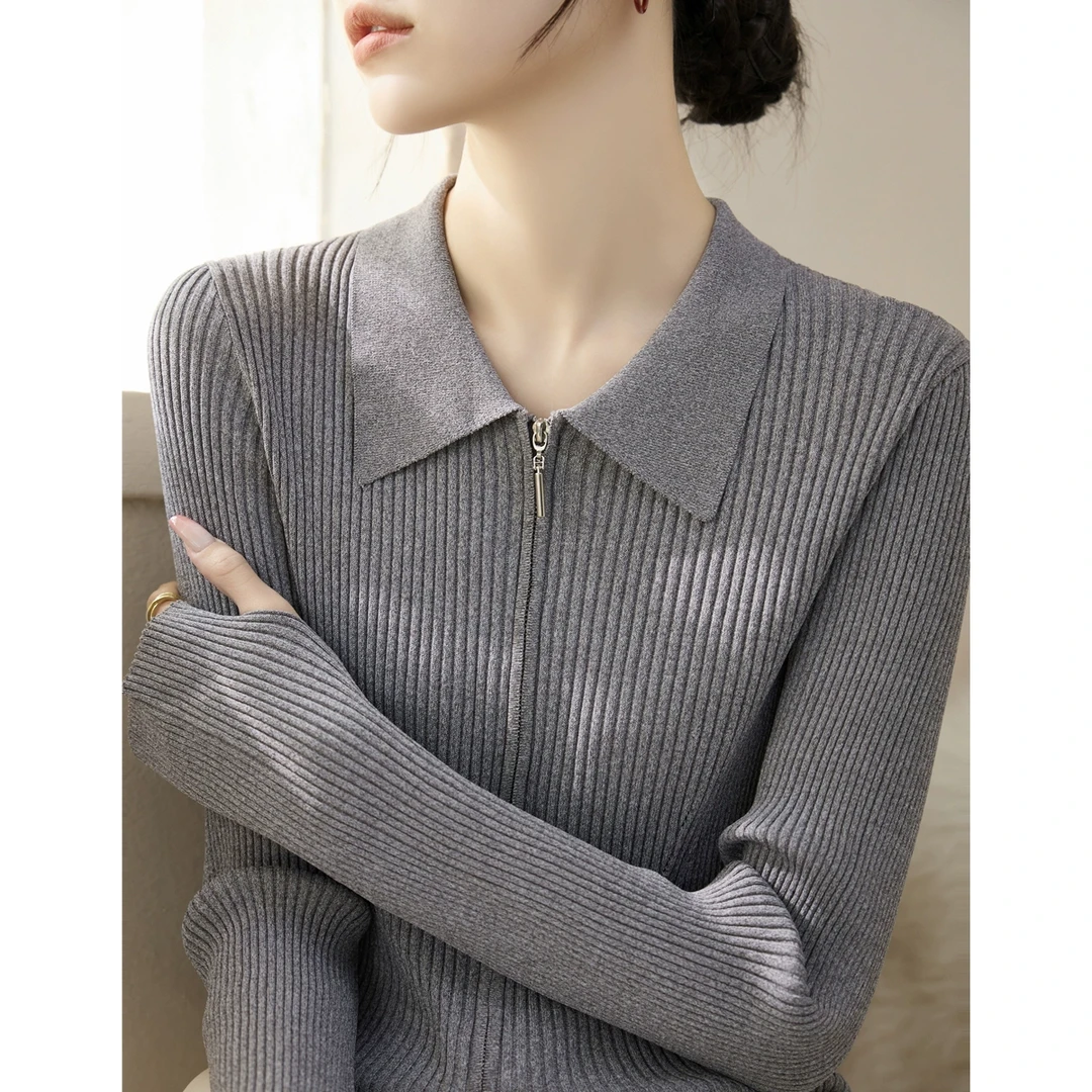 2025秋季polo领内搭拉链设计毛衣女时尚坑条打底套手指长袖针织衫