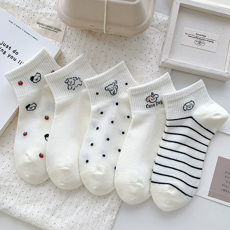 网面奶白小狗夏季袜子女短袜薄款春夏透气船袜可爱卡通运动风