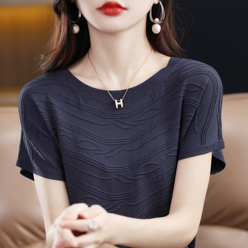 轻柔垂顺 纹理独特~女士圆领提花莱赛尔天丝短袖T恤衫