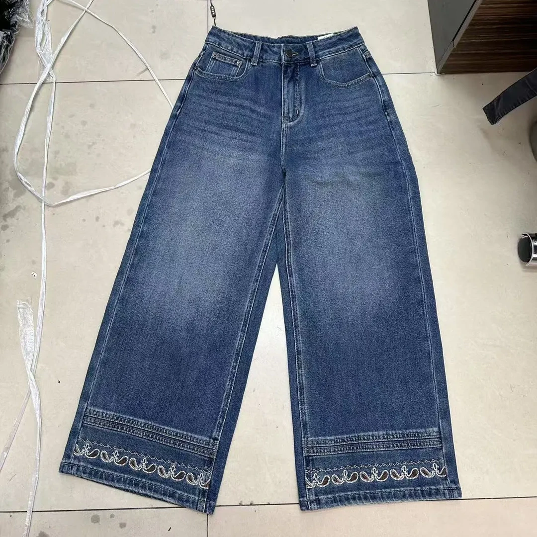 裤长93左右 新款复古重工腰果花刺绣宽松百搭直筒牛仔裤