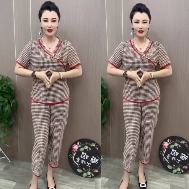 2025年夏季新款时尚套装国风格子短袖上衣妈妈装减龄显瘦两件套
