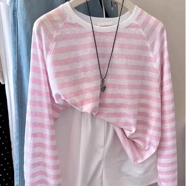 粉色条纹长袖T恤女夏季新款硫酸铜穿搭宽松防晒空调罩衫显瘦上衣