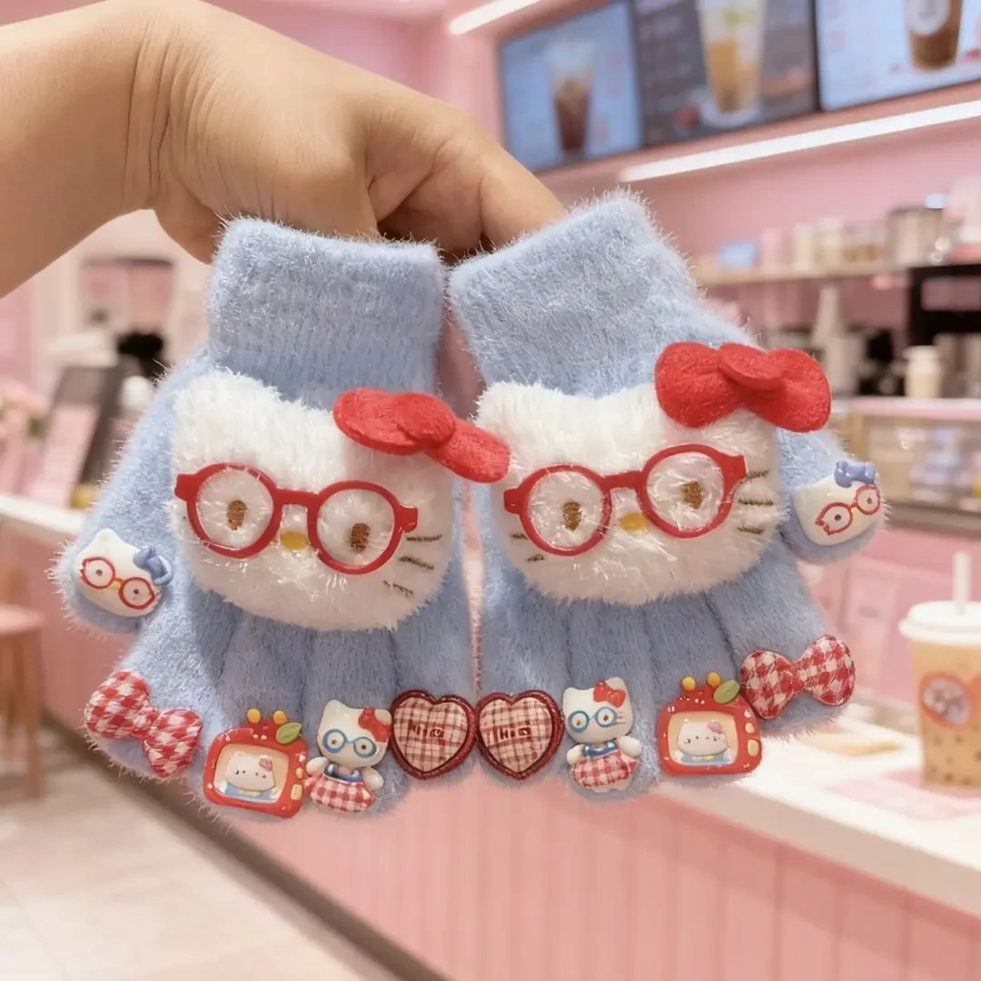 新款卡通kt猫儿童手套女童秋冬季五指加绒保暖分指毛绒手套I150