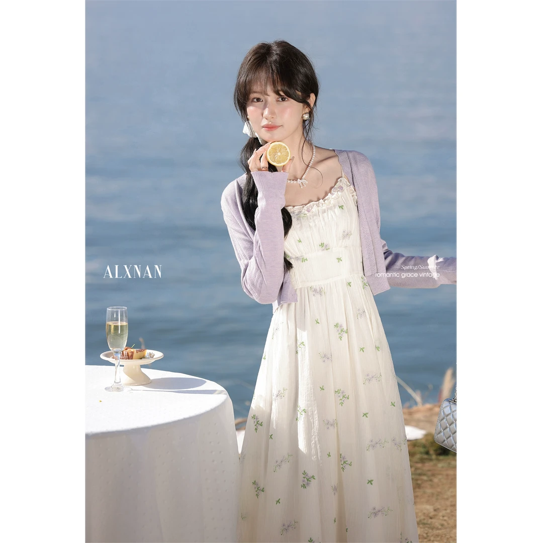 鹿向南「花与爱丽丝」春夏显瘦碎花连衣裙浅紫色开衫两件套L52960