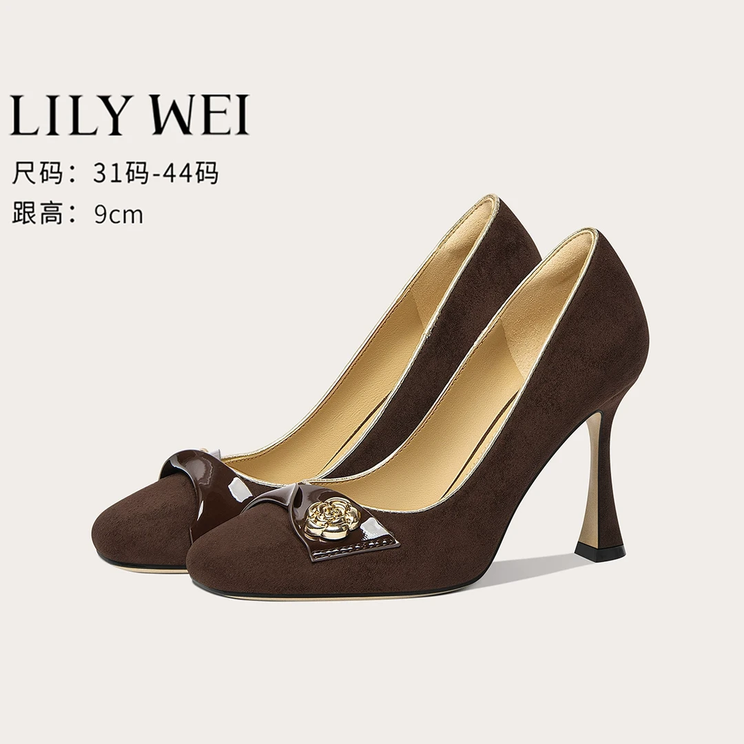 LilyWei棕色复古高级感高跟鞋气质不累脚酒杯跟浅口单鞋大码41-43