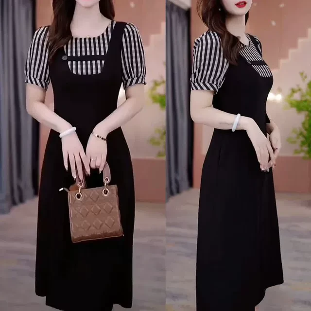 时尚假两件拼接条纹短袖连衣裙女2025夏新款气质显瘦洋气减龄裙子