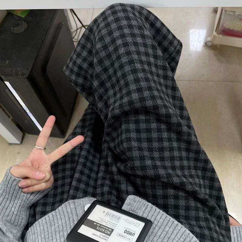 格子毛呢阔腿裤女2025秋冬季新款加绒加厚高腰显瘦窄版宽松休闲裤