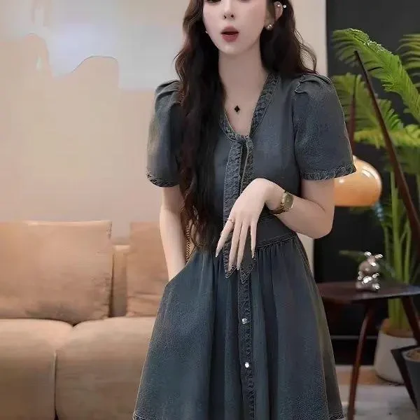 2025夏季新款欧若风法式气质薄款牛仔连衣裙女高级感收腰显瘦裙子